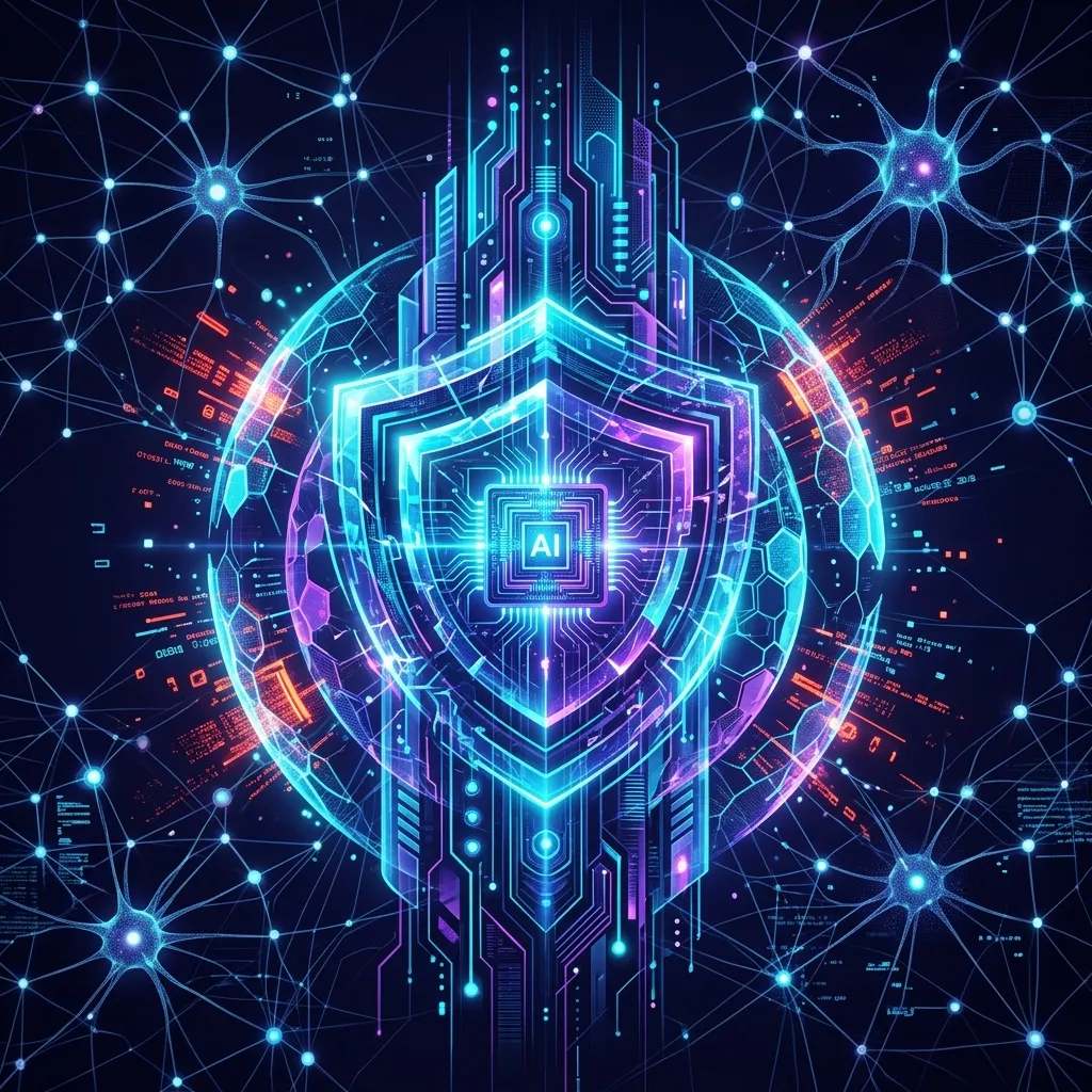 Abstract visualization of an agent-native immune system showing glowing cybernetic defense shields.