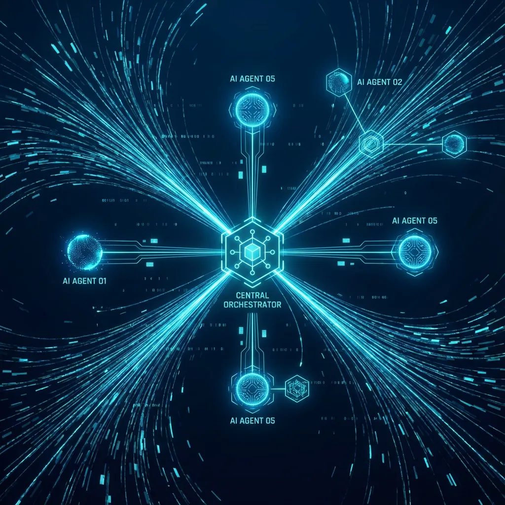 Abstract visualization of a central control plane orchestrating multiple AI agents in a digital network.