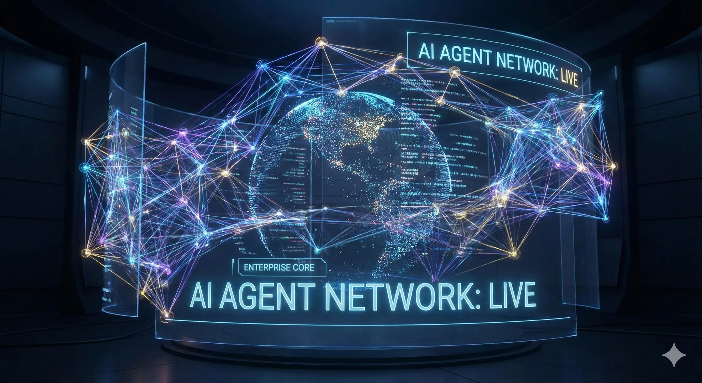 Abstract visualization of a digital command center monitoring thousands of autonomous AI agents in an enterprise network.