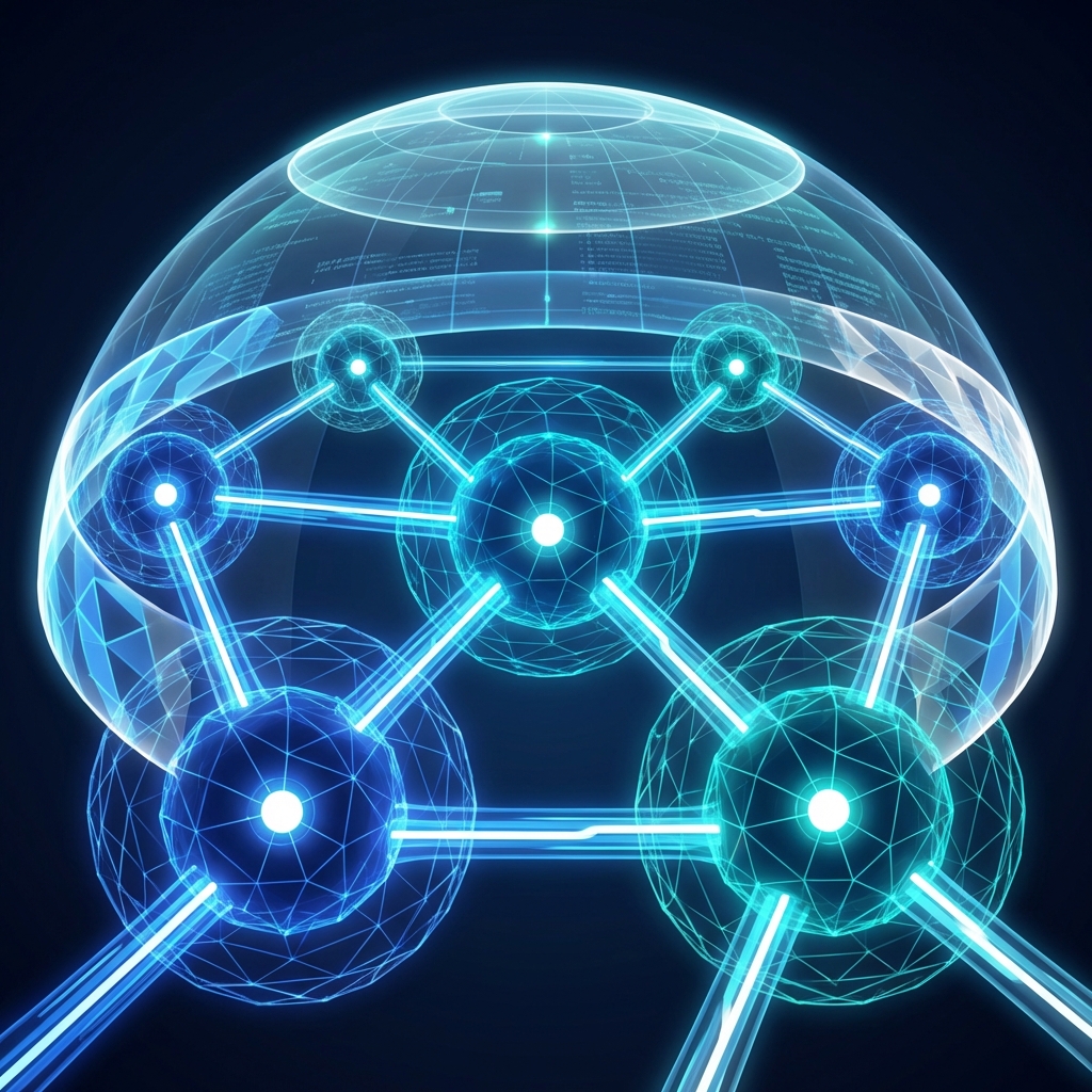 Abstract visualization of a secure enterprise AI agent network with glowing governance nodes and oversight layers