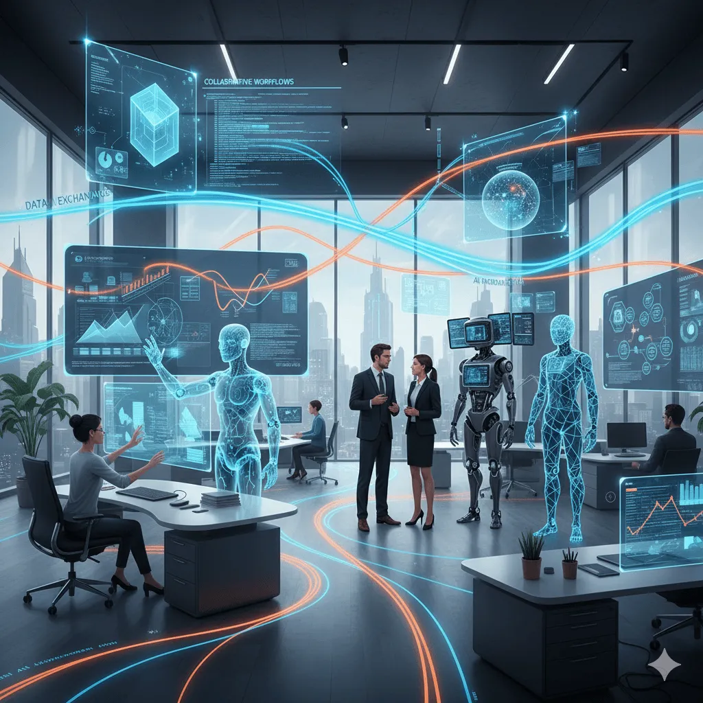 Conceptual illustration showing AI agents as digital colleagues working alongside human employees in a modern office environment, with data flows and digital interfaces representing collaborative workflows.