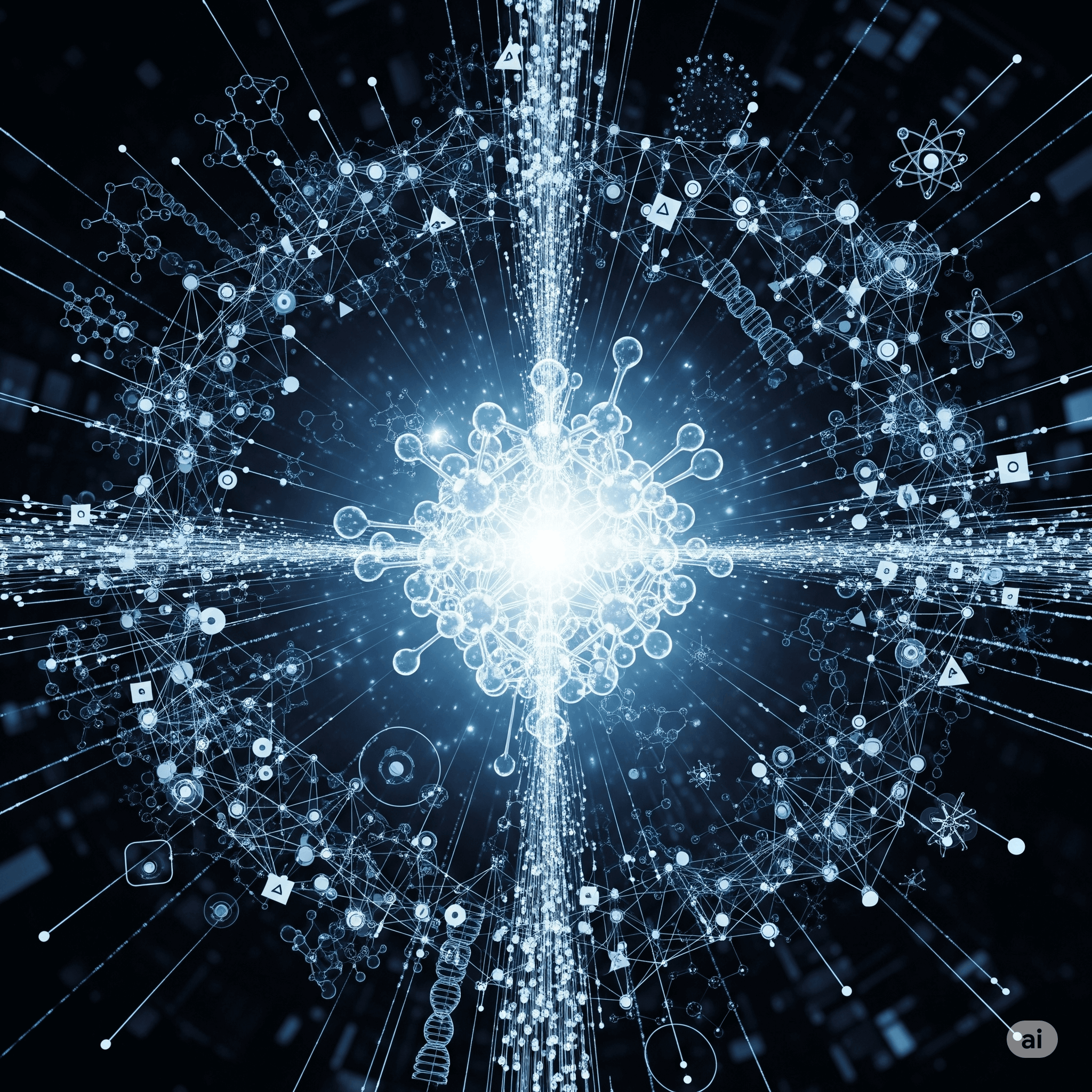 An abstract, futuristic image representing AI-driven scientific discovery. It shows interconnected nodes and data streams converging on a glowing molecule, symbolizing breakthroughs in biology and chemistry.