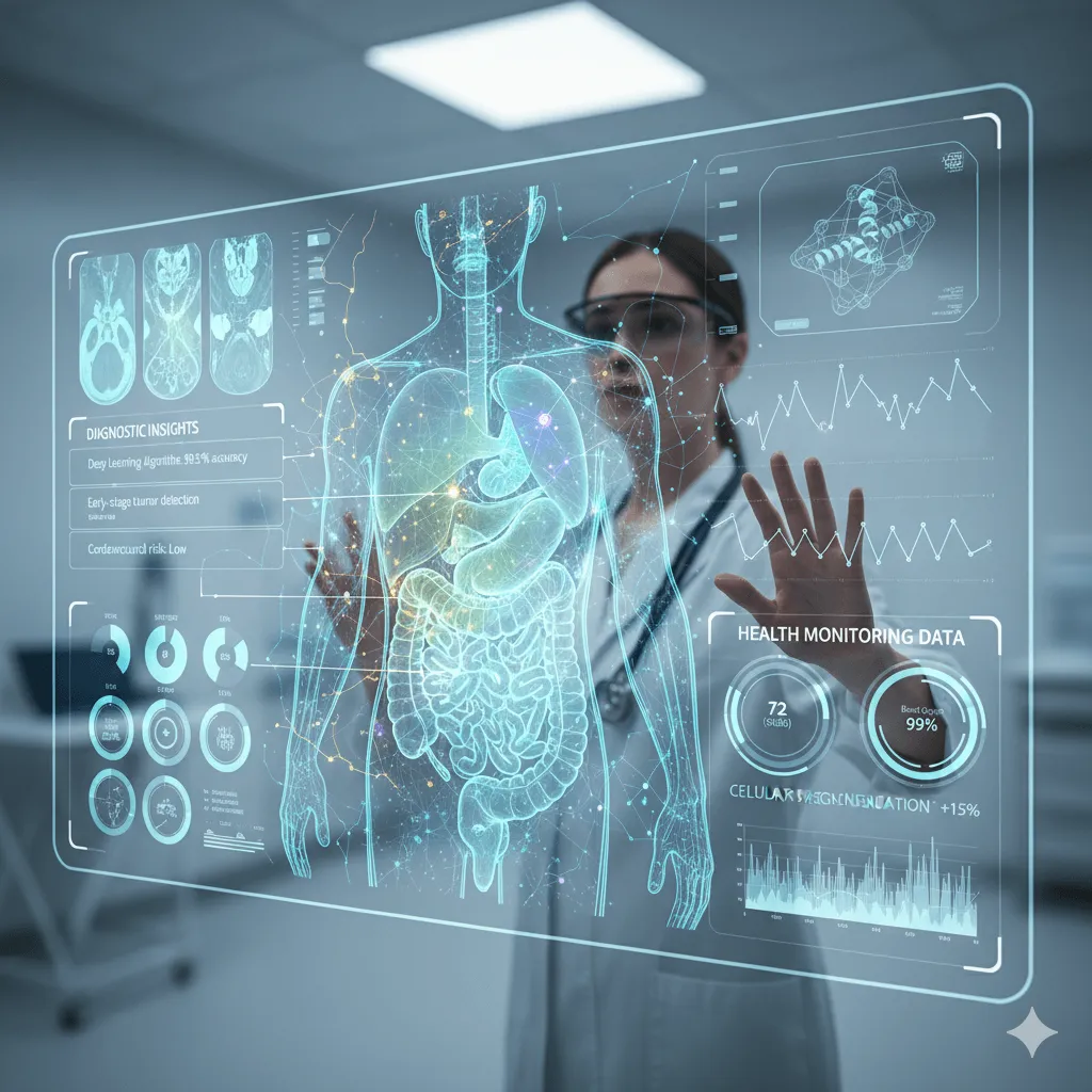 AI healthcare diagnostics concept showing advanced medical imaging with AI analysis overlays, displaying diagnostic insights and health monitoring data visualization.