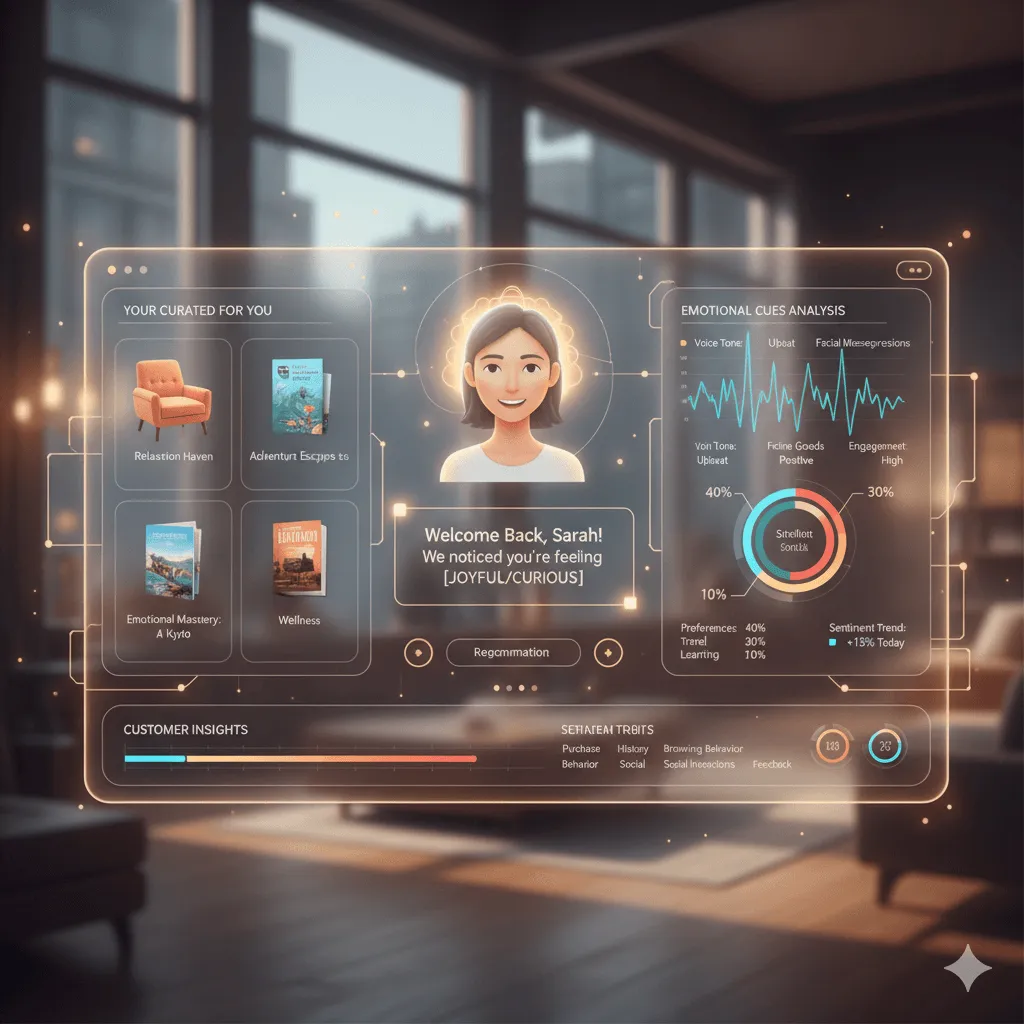 AI hyper-personalization concept showing a customer experience interface with emotional intelligence capabilities, displaying personalized recommendations and emotional cues analysis, with data visualization elements representing customer insights.