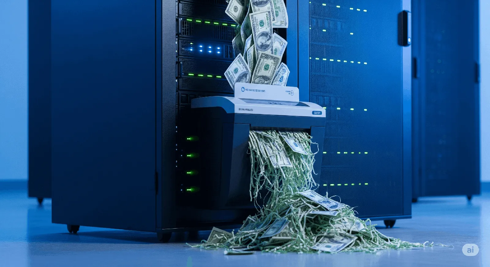 A conceptual image showing wasted AI investments, with scattered digital elements and broken connections representing failed enterprise AI implementations.