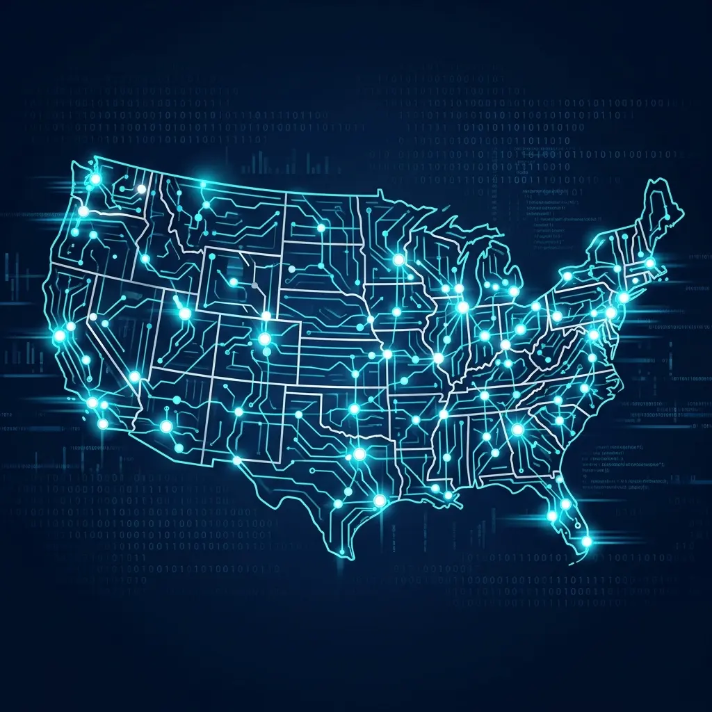 Abstract circuit board map of the USA representing the national open-source AI strategy.