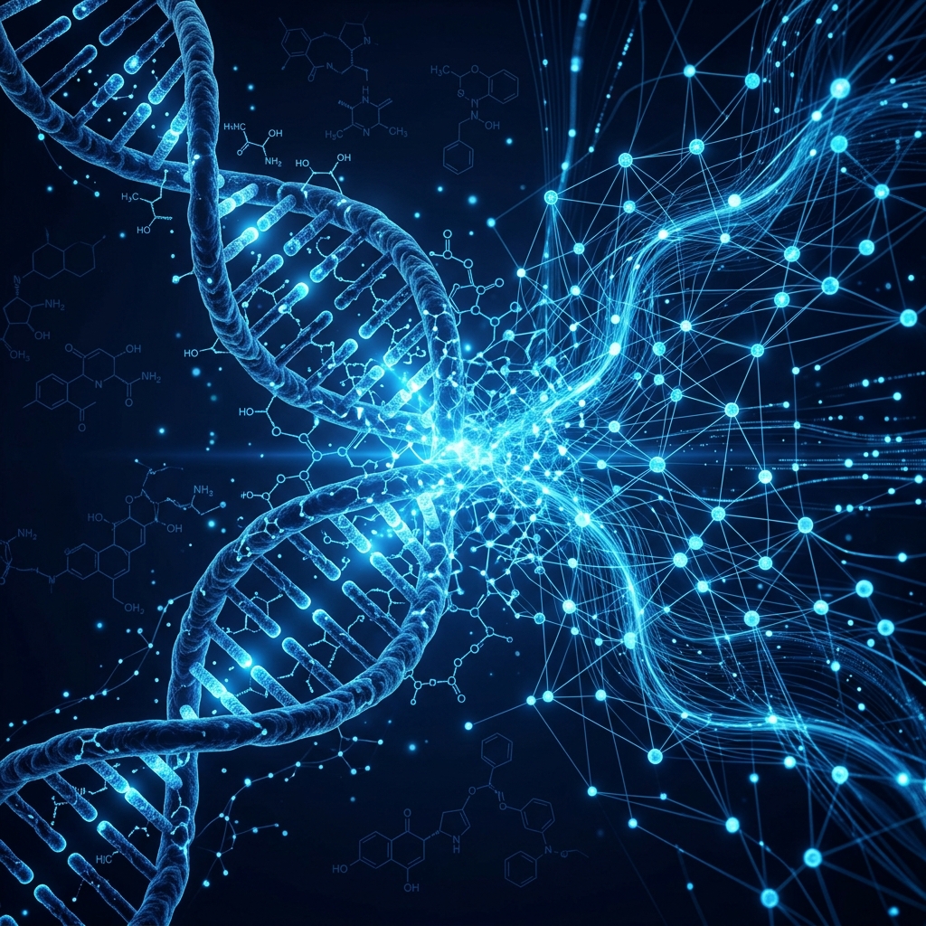 DNA double helix merging with glowing AI neural networks representing Anthropic's Coefficient Bio biotech acquisition.