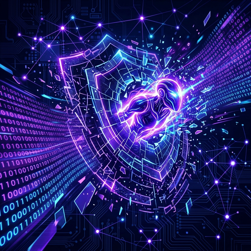 Glowing cracked digital shield surrounded by binary streams representing Claude Mythos AI finding zero-day cybersecurity vulnerabilities.