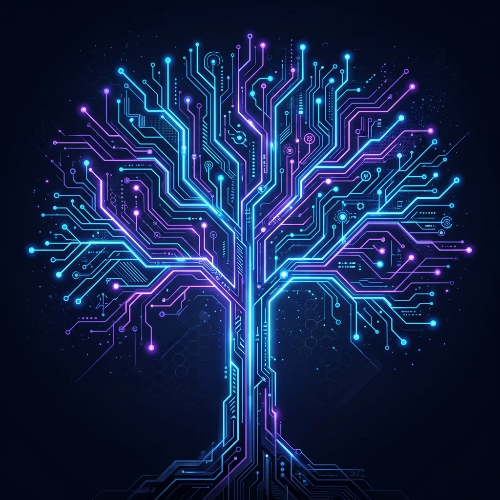 Abstract digital art of a branching tree with neon blue and purple glowing nodes representing a hypothesis tree structure.