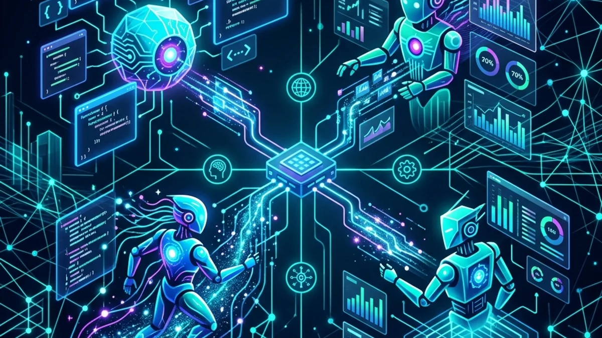 Abstract visualization of AI agents iteratively optimizing complex software systems and benchmarks.