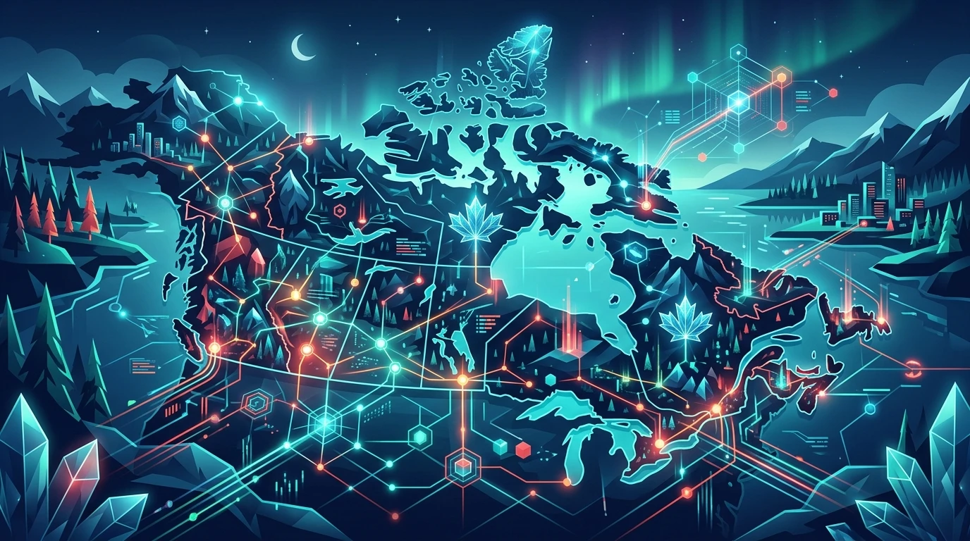 Abstract digital illustration of Canada's nationwide AI literacy neural network connecting educators, students, and workers.