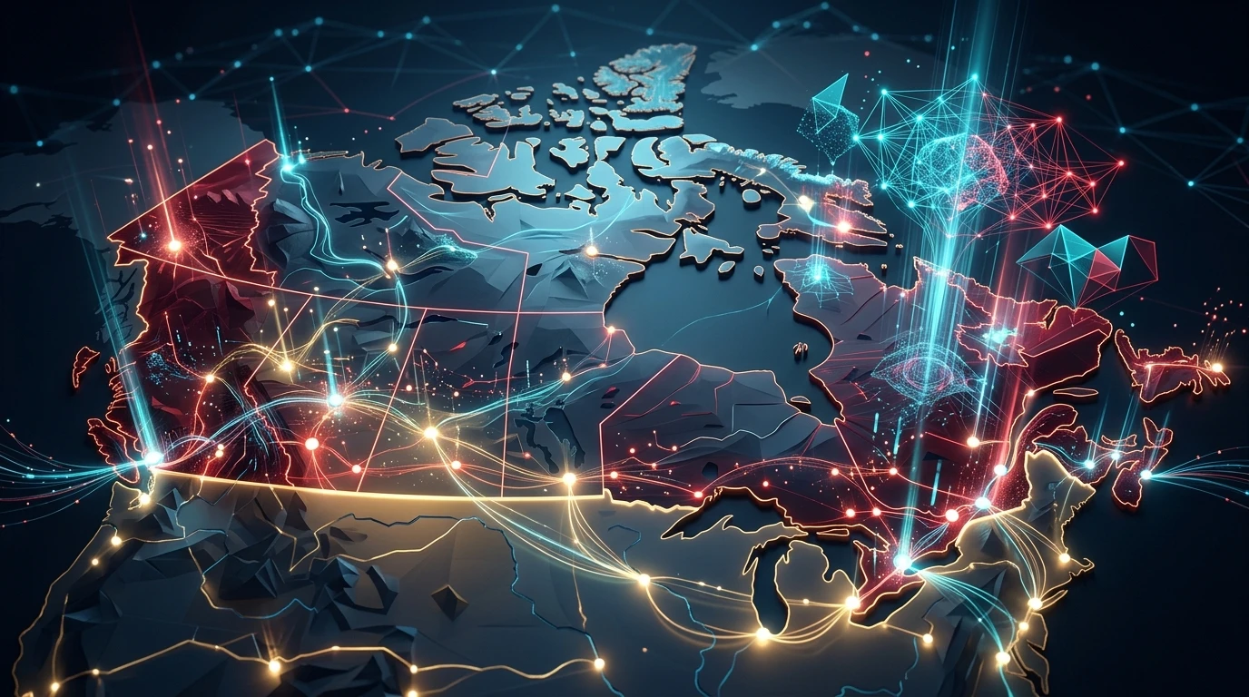 Abstract digital visualization of Canada's regional AI network and $500M federal innovation funding infrastructure.