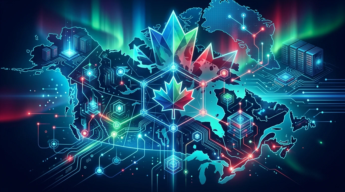 Abstract digital illustration representing Canadian AI innovation and sovereign compute infrastructure.