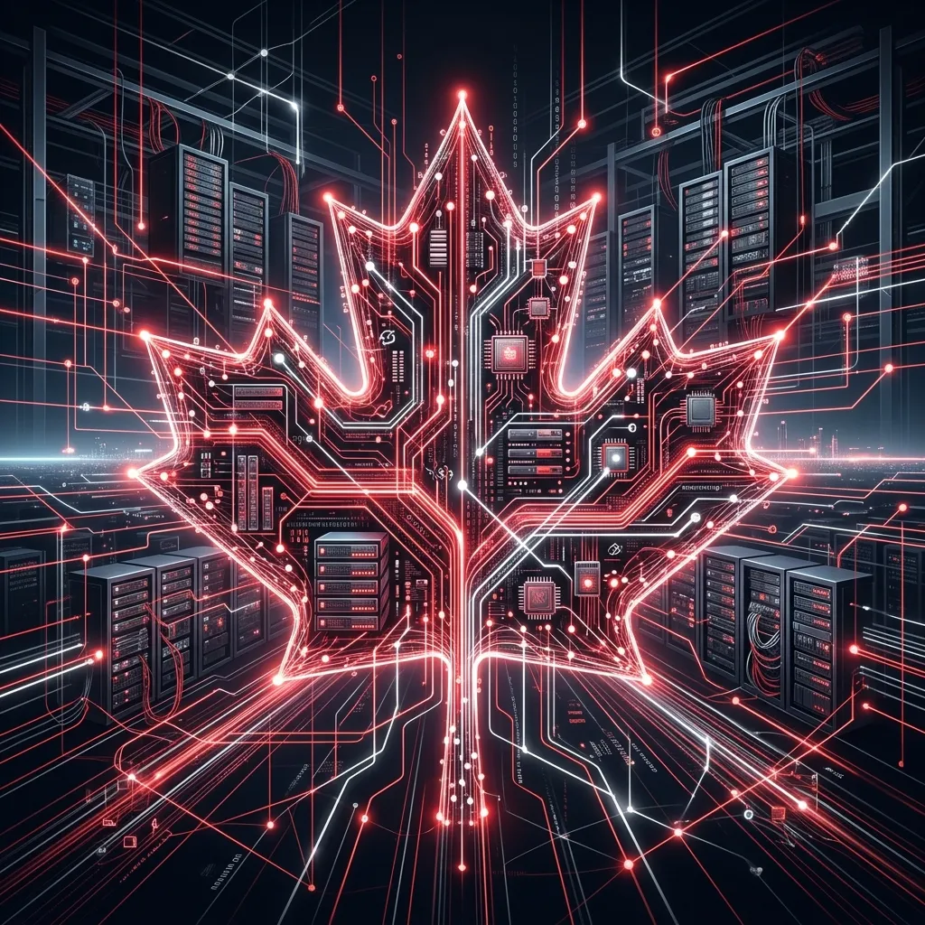 Abstract digital nodes representing Canada's sovereign AI infrastructure.