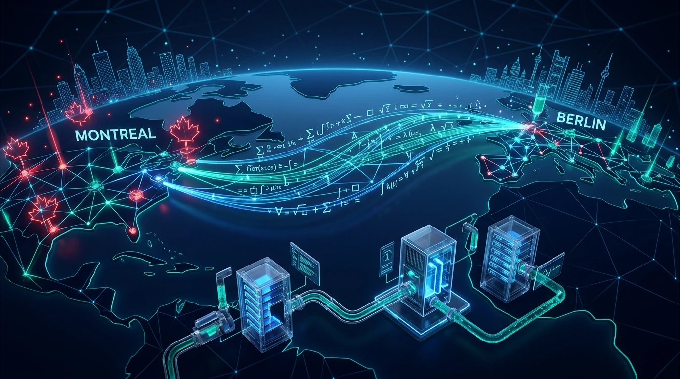 Abstract 3D transatlantic bridge representing Canadian sovereign AI compute and LawZero safety architecture.