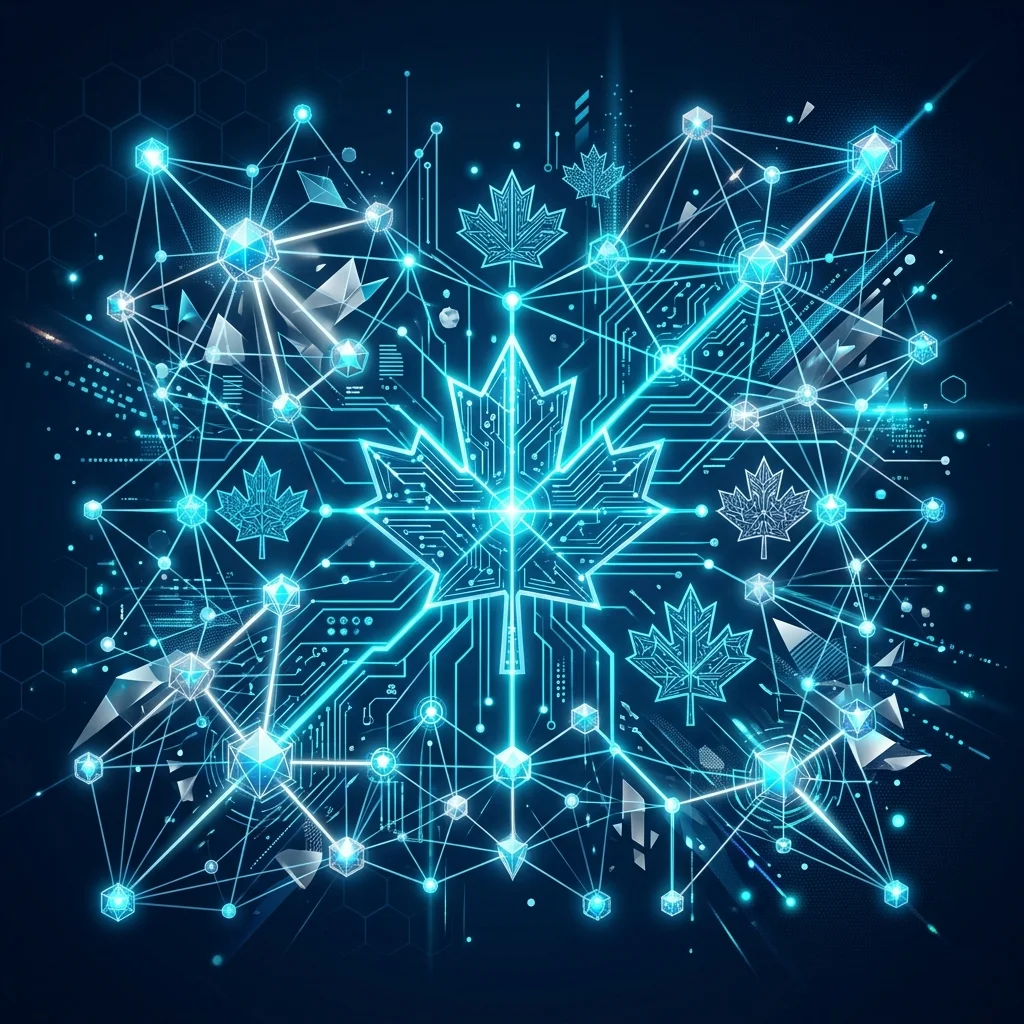 Abstract digital network visualizing Canada's CIFAR AI research chairs expansion.