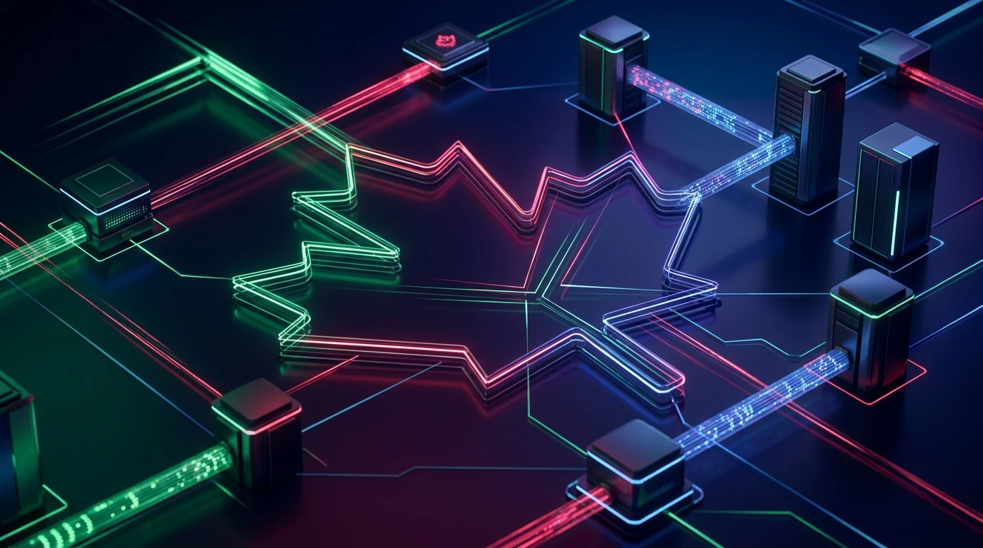 Abstract 3D digital illustration of Canadian sovereign AI infrastructure featuring luminous maple leaf network nodes and private cloud servers.
