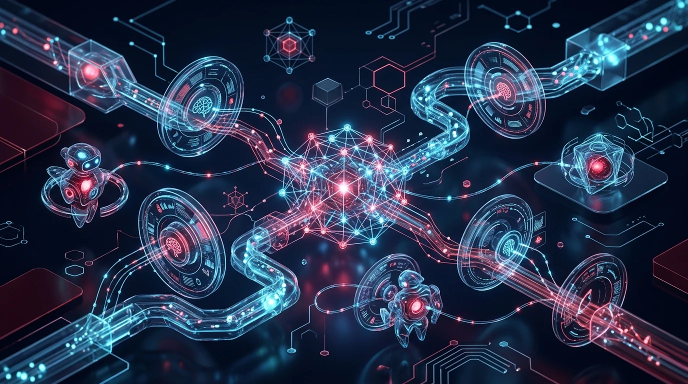 Abstract 3D network visualizing Cohere North 2 enterprise agentic platform architecture