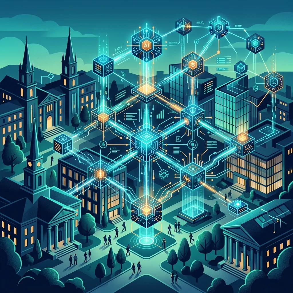 Abstract illustration representing Cohere North agentic AI platform deployed across University of Toronto campus.
