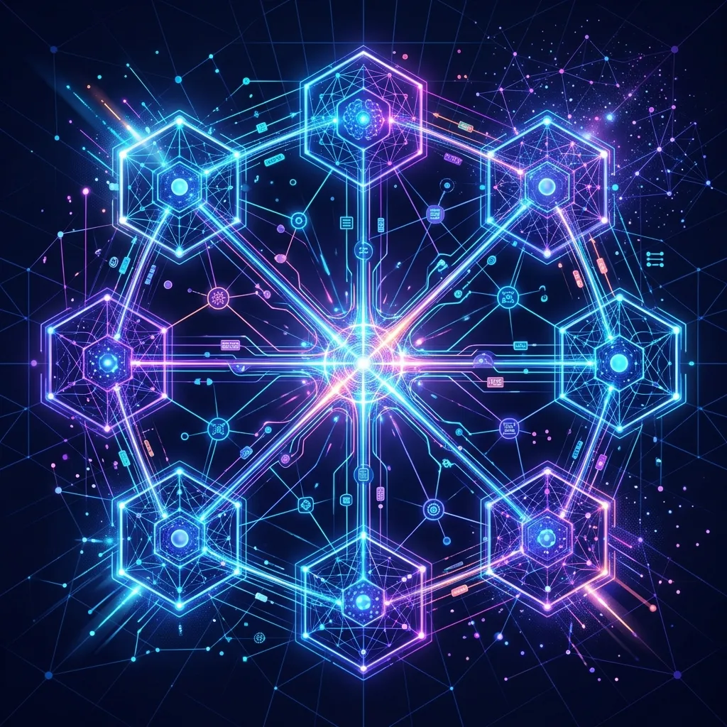 An abstract representation of the Consilium Protocol showing interconnected neural nodes deliberating and forming a consensus.