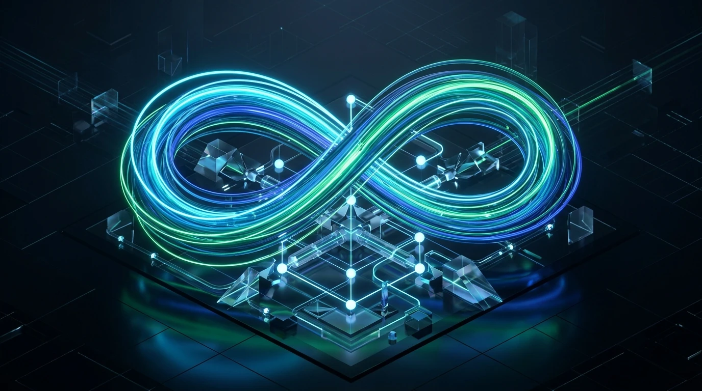 Luminous glowing infinity loop of neural feedback data streams connecting telemetry, training, and real-time agent inference.