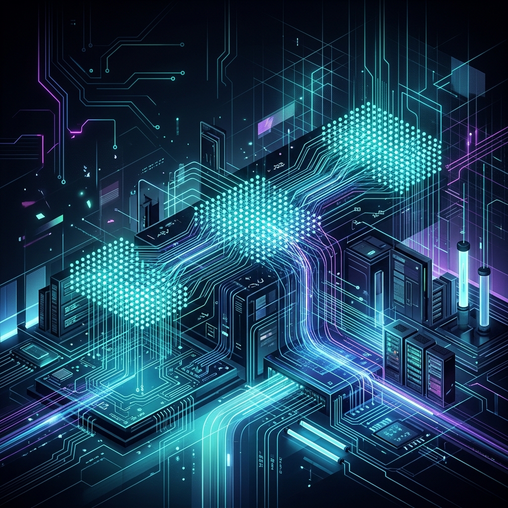 Abstract illustration of futuristic AI data center circuits representing DeepSeek V4 model with 1M token context.