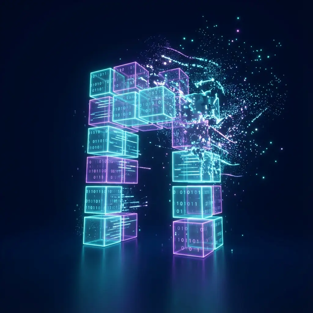 Abstract digital blocks dissolving representing disposable software