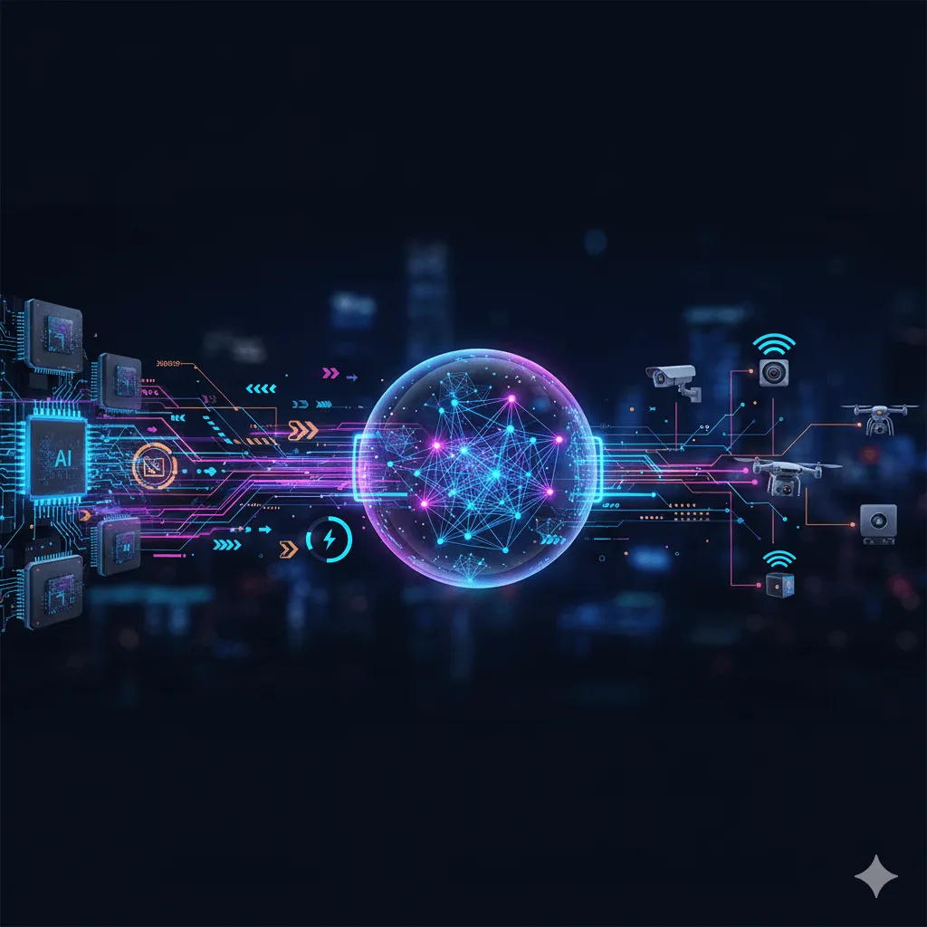 Visualization of edge AI inference acceleration showing compact devices processing AI locally with high efficiency and real-time performance