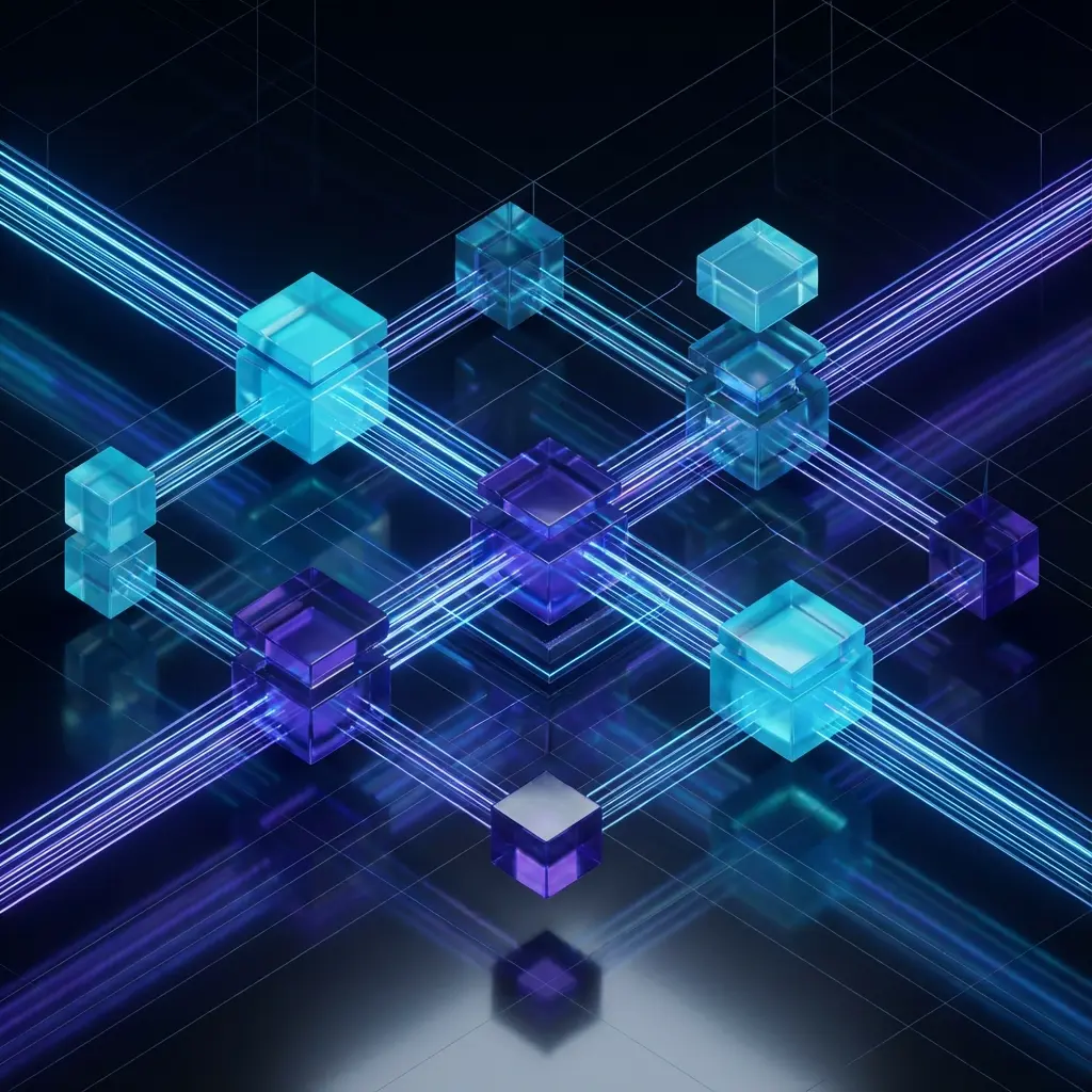 Abstract 3D visualization of a digital twin of an organization with glowing data streams.