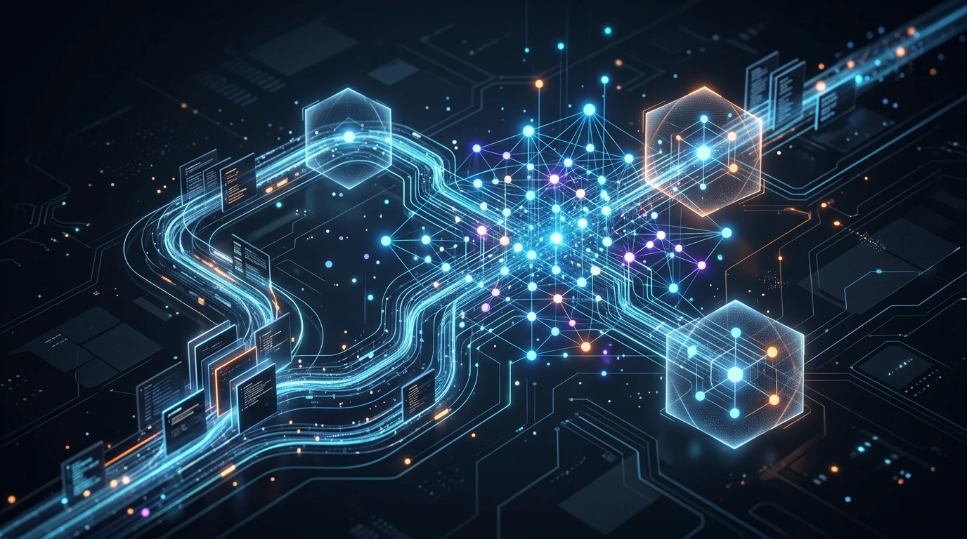 Abstract digital illustration of poisoned memory networks and artificial reflection nodes in an AI agent.