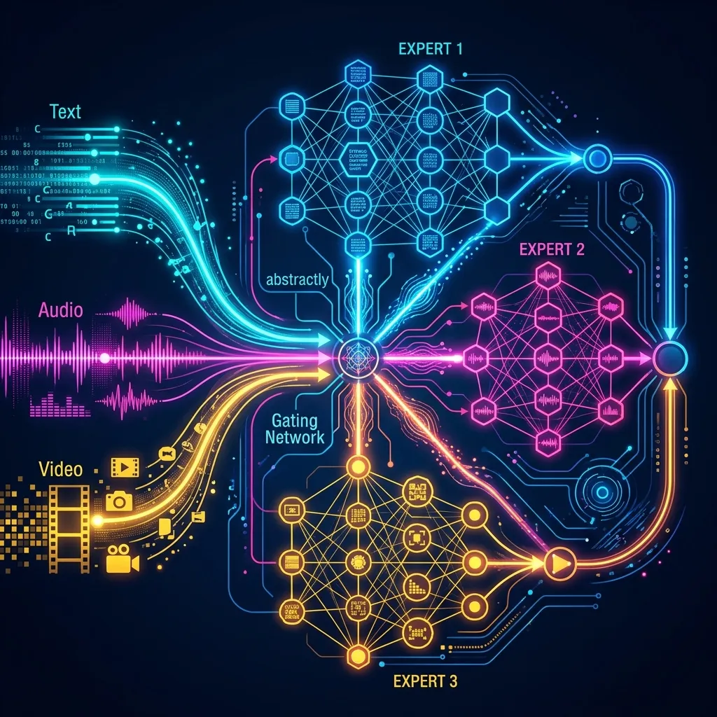 Abstract visualization of Mixture of Experts (MoE) neural network nodes with multimodal inputs converging.