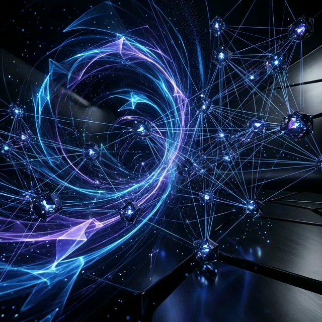 Abstract 3D visualization of a search engine algorithm scanning structured data nodes.