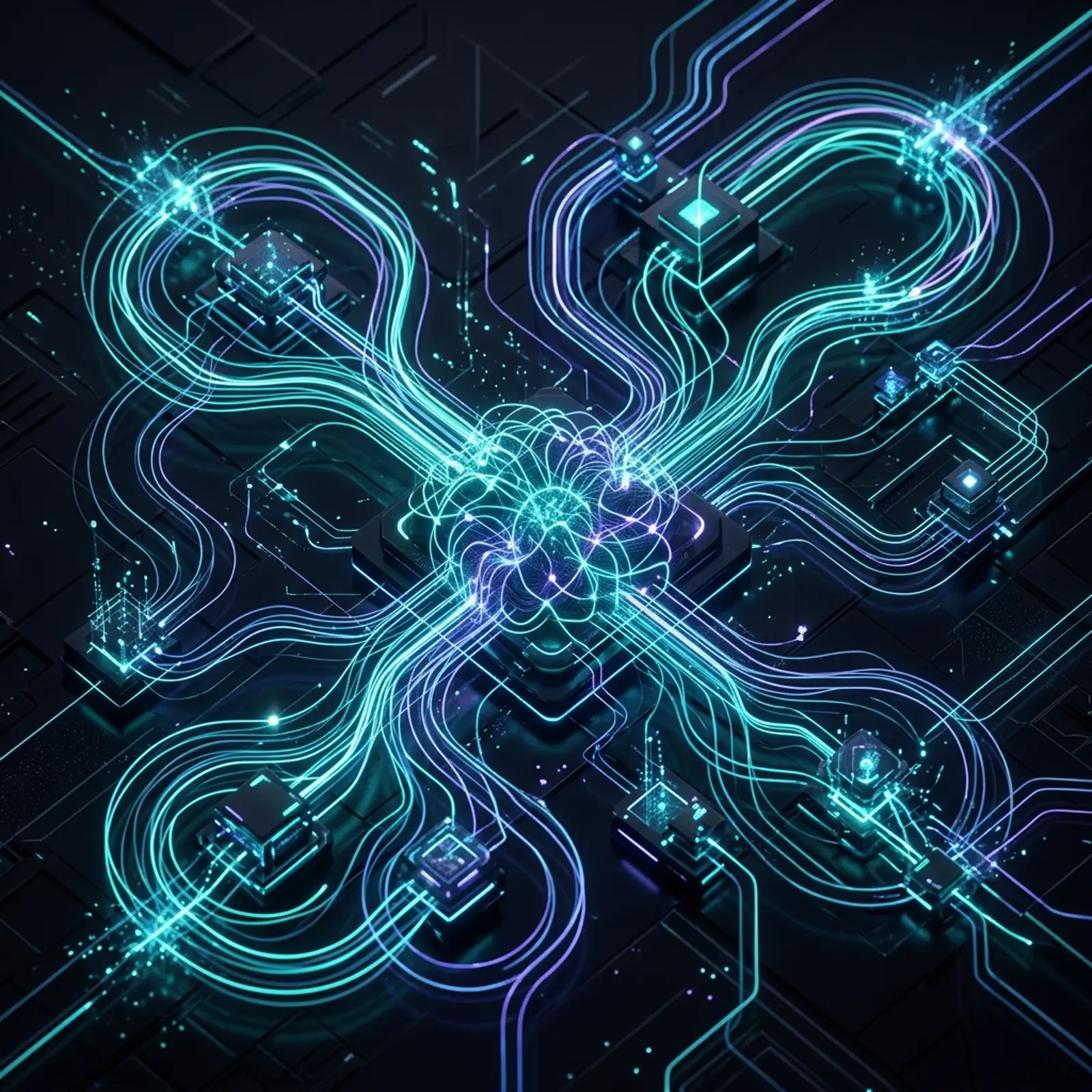 Abstract modern tech illustration of enterprise AI inference compute scaling and dynamic model routing loops