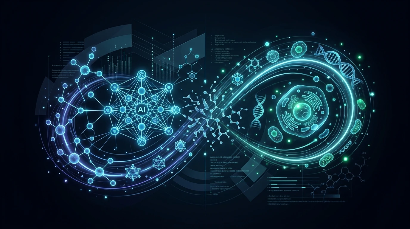 Abstract neural proteomic network and cellular reverse-aging dynamics representing Insilico Medicine rentosertib discovery.