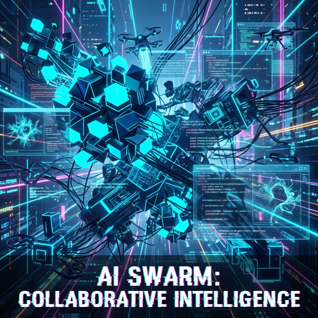 Abstract 3D digital art representing a swarm of AI agents collaborating on code and visual tasks.