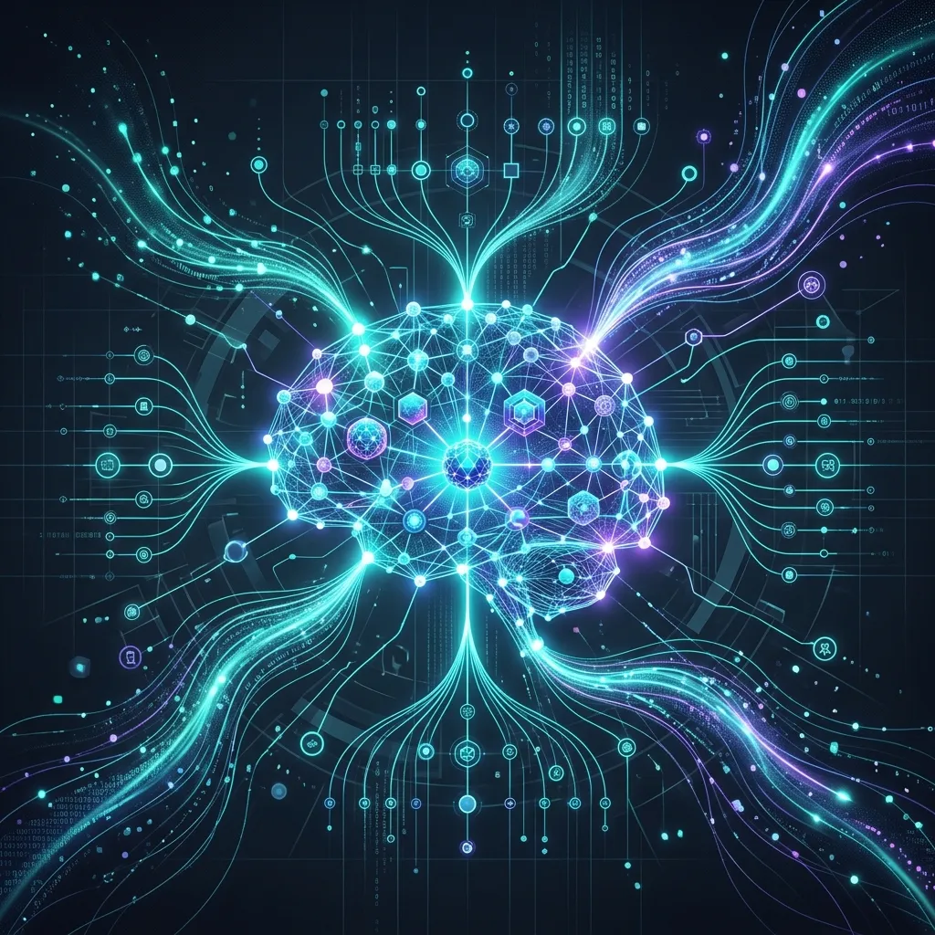 Abstract visualization of Microsoft IQ enterprise intelligence layer and connected agents