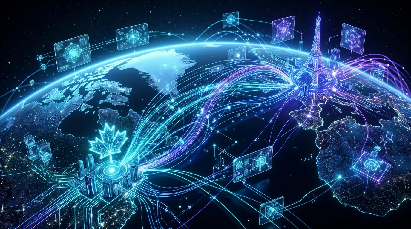 Abstract digital illustration of the Mila and Inria Canada-France sovereign AI research alliance