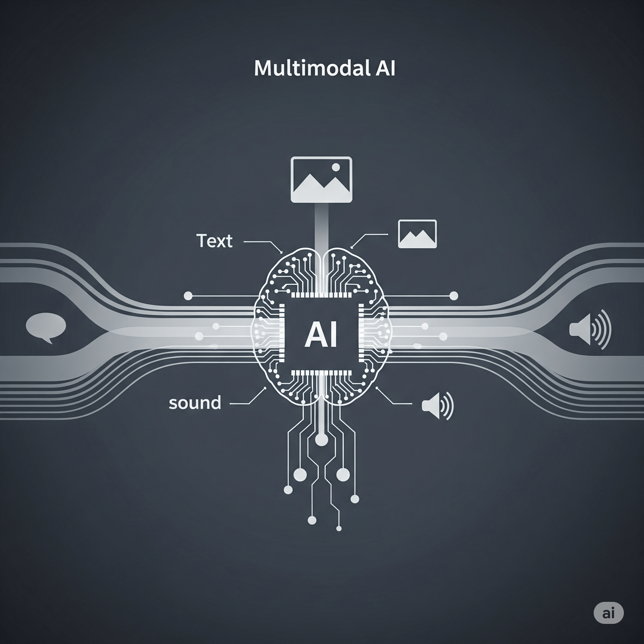 Abstract representation of multimodal AI with data streams for text, images, and sound converging into a central AI brain.