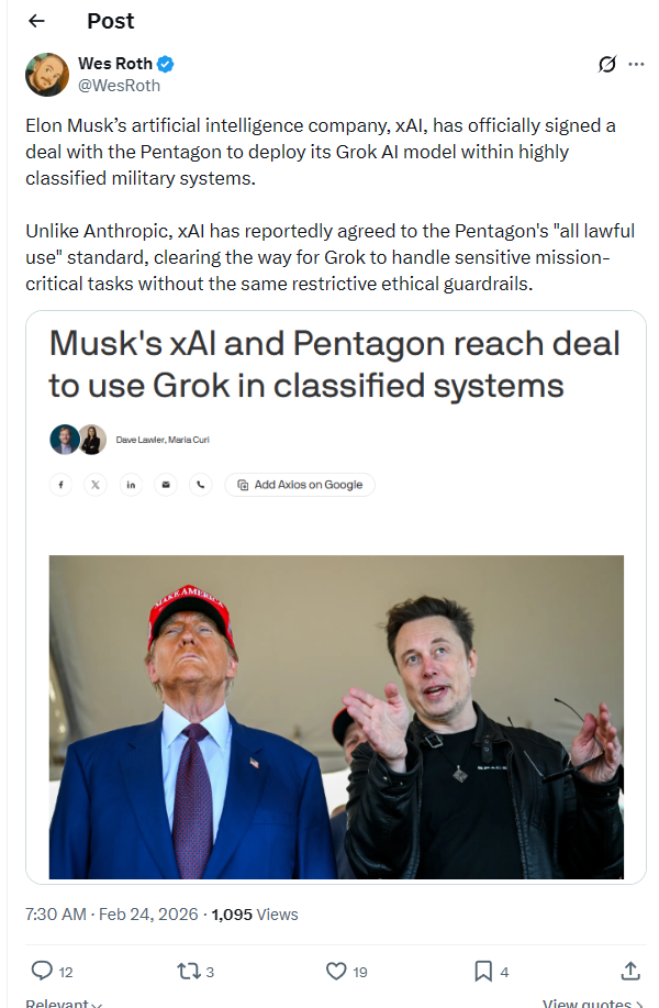 Wes Roth tweet about xAI Pentagon deal with Grok in classified systems