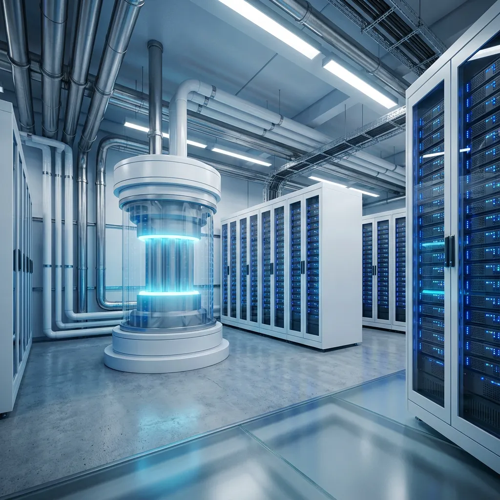 Futuristic data center rack powered by a glowing blue small modular nuclear reactor core