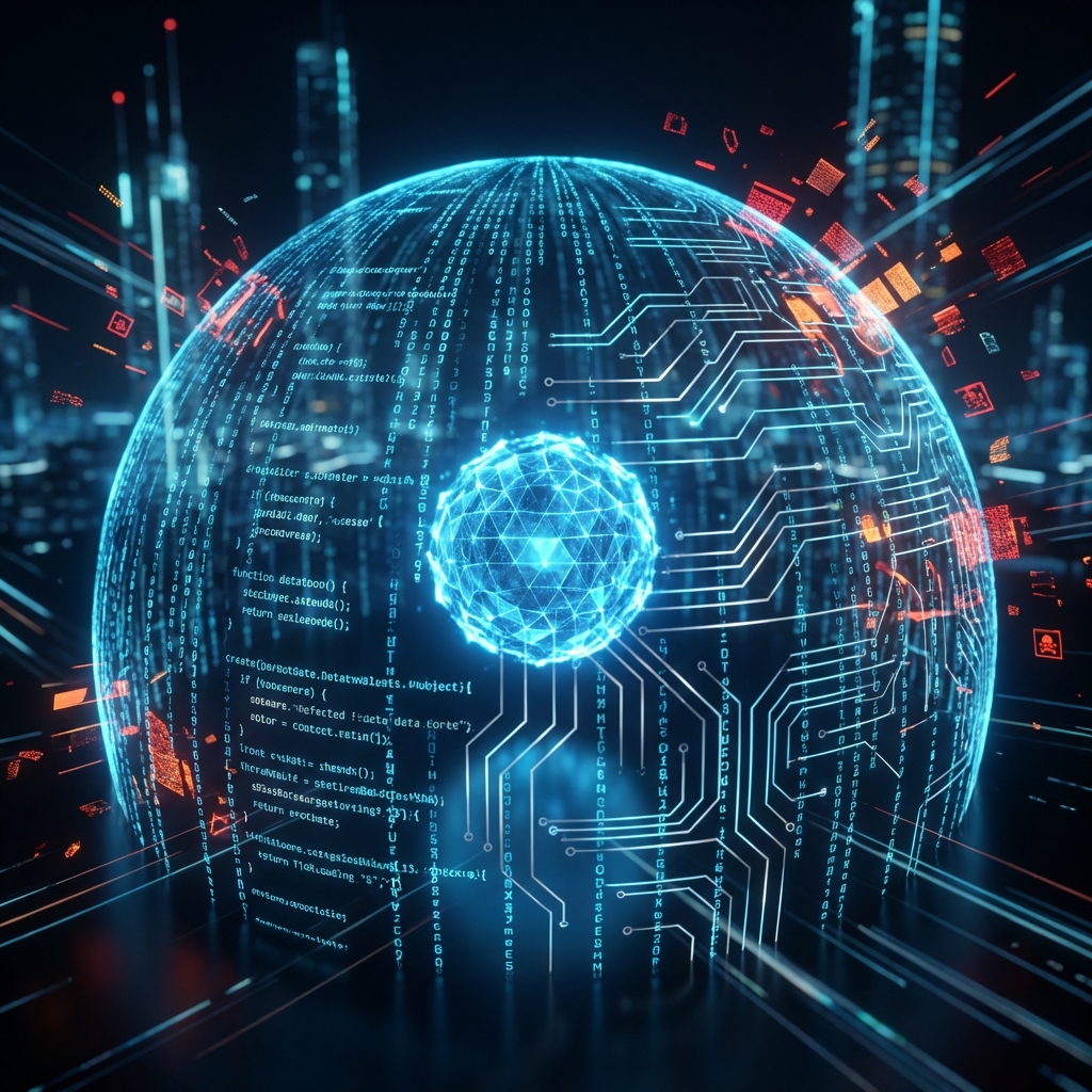 Futuristic digital shield formed by AI code protecting a glowing core against threats