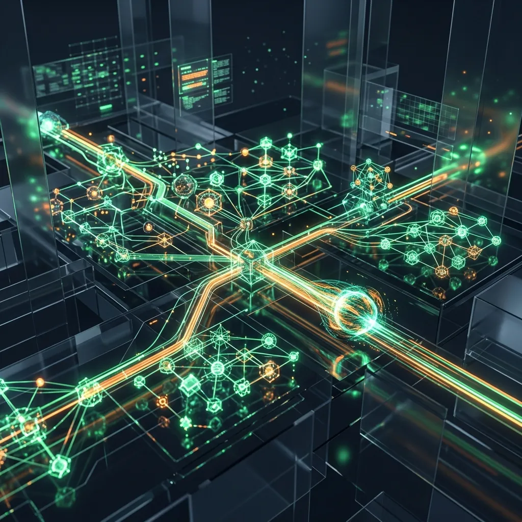 Sleek abstract 3D visualization representing autonomous AI agents navigating a structured web.