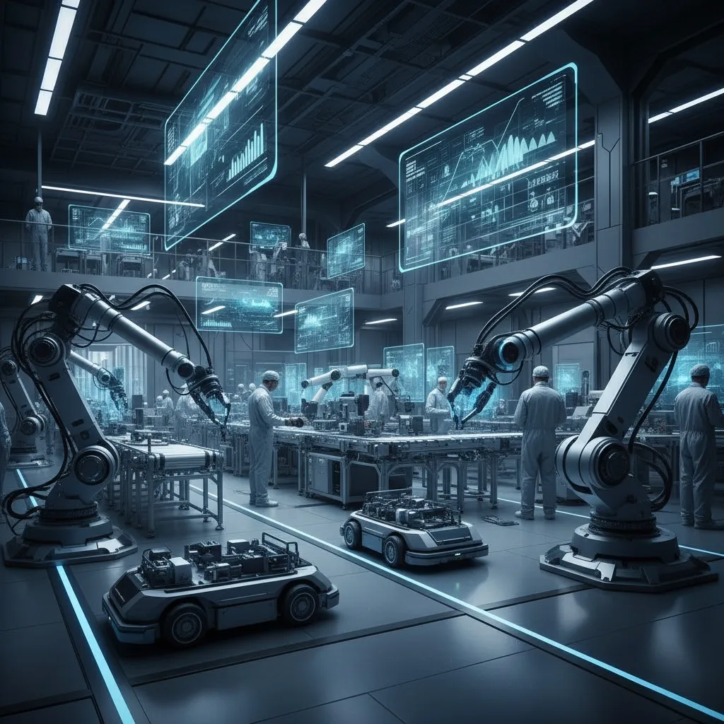 Futuristic visualization of Physical AI in enterprise settings showing intelligent robots working alongside humans in modern industrial environments with AI-powered automation systems