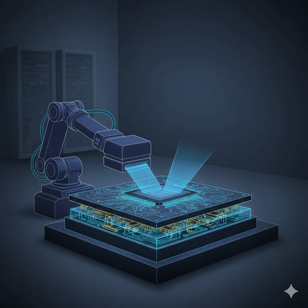 Technical illustration of Purdue's RAPTOR AI system inspecting a semiconductor chip with X-ray imaging
