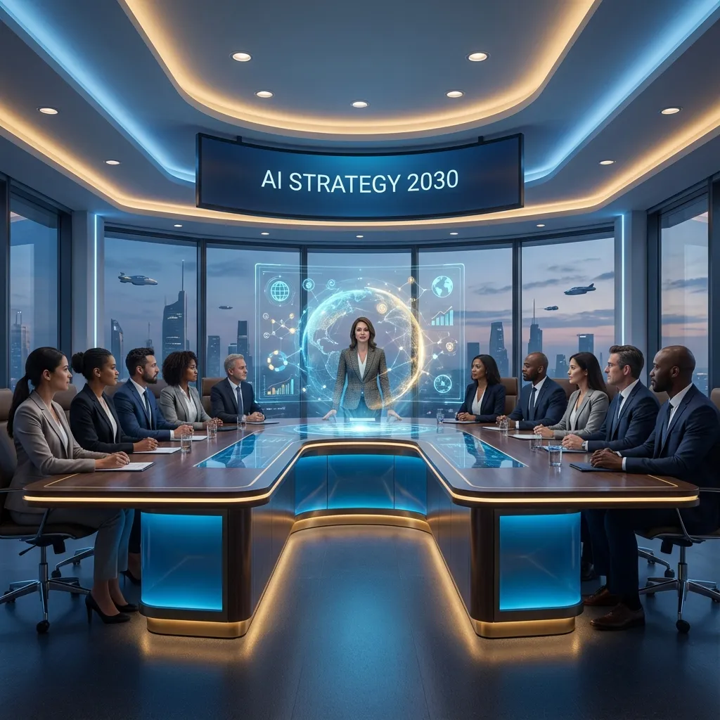Chief AI Officer presenting strategy in a futuristic boardroom