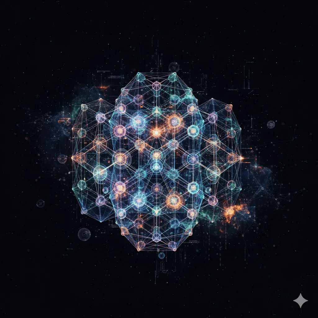 Abstract visualization of AI-generated quantum materials with geometric lattice structures for quantum computing applications