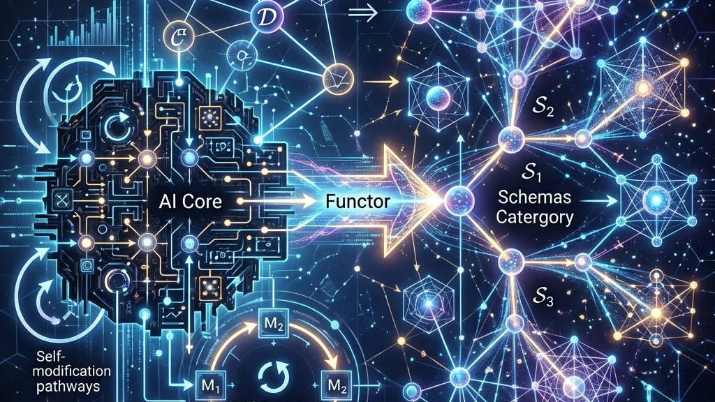Abstract illustration of category-theoretic self-revising AI in scientific discovery.
