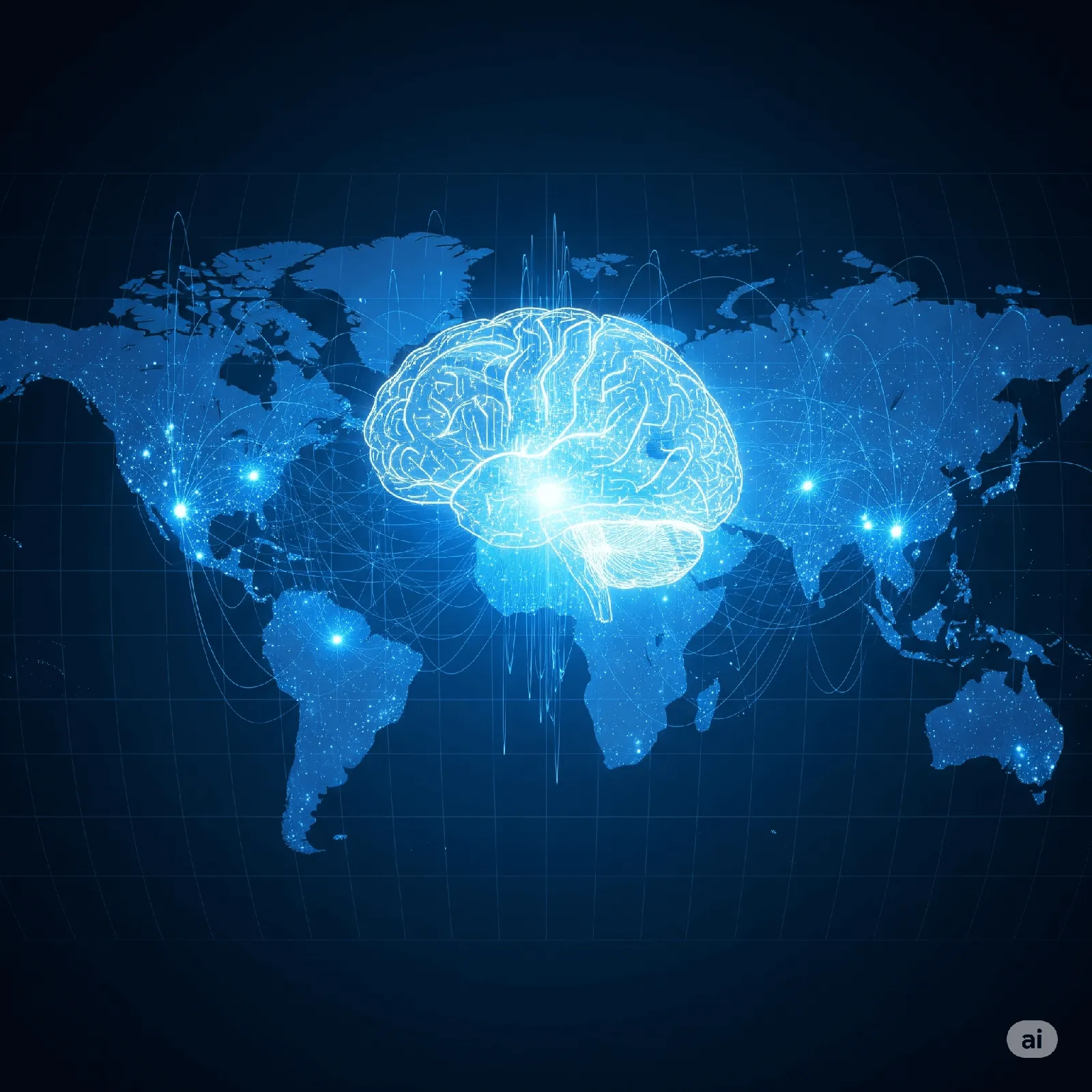 A futuristic image representing Sovereign AI, with a glowing brain overlaid on a world map, symbolizing national AI development.