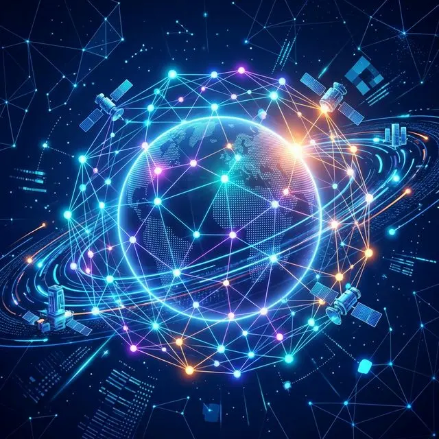 Abstract visualization of SpaceX and xAI merger showing neural networks orbiting Earth