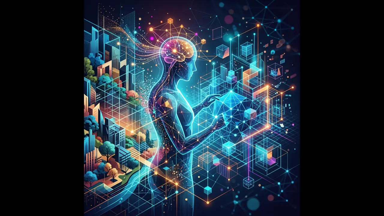 Abstract tech-focused illustration of spatial intelligence connecting AI to the 3D world